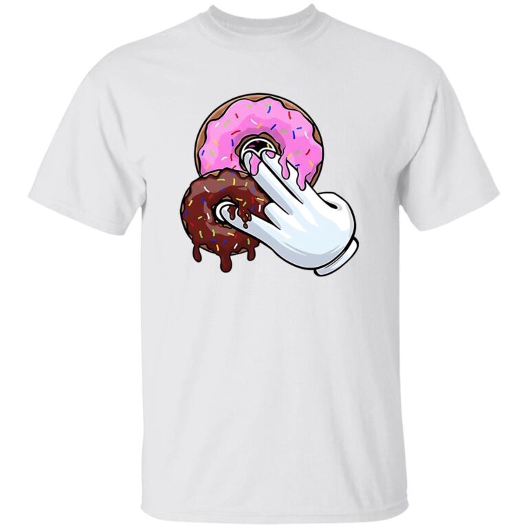 White t-shirt with a graphic of a hand holding two donuts on a white background