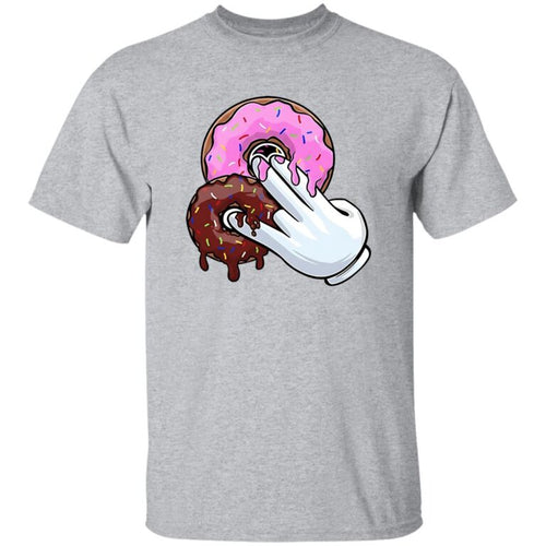 Gray t-shirt with a graphic of a hand holding two donuts on a white background