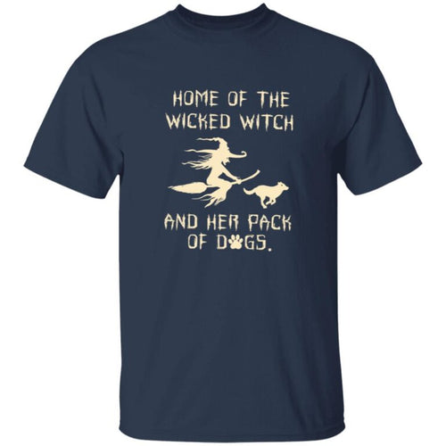 Navy blue t-shirt with white text and graphic of a witch and dog on a white background