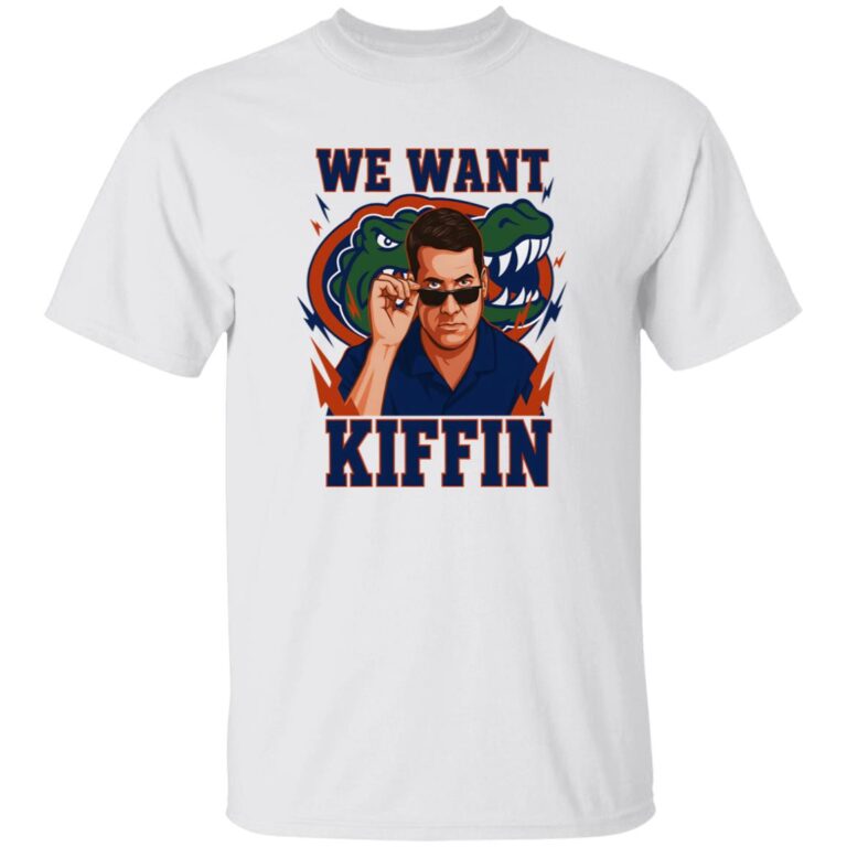 White t-shirt with graphic of a man and text 'We Want Kiffin' on a white background
